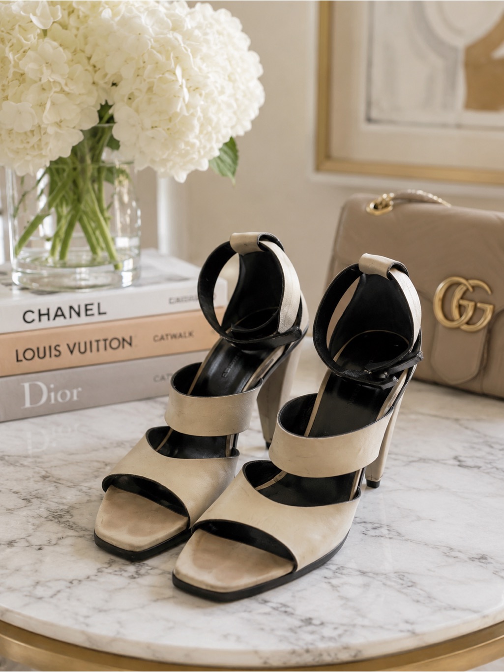 Balenciaga Beige And Black Strappy Block Heel Sandals